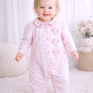 Vtg 80s Specialty Kids 18M Pink Popcorn Knit Romper Embroidered Hearts